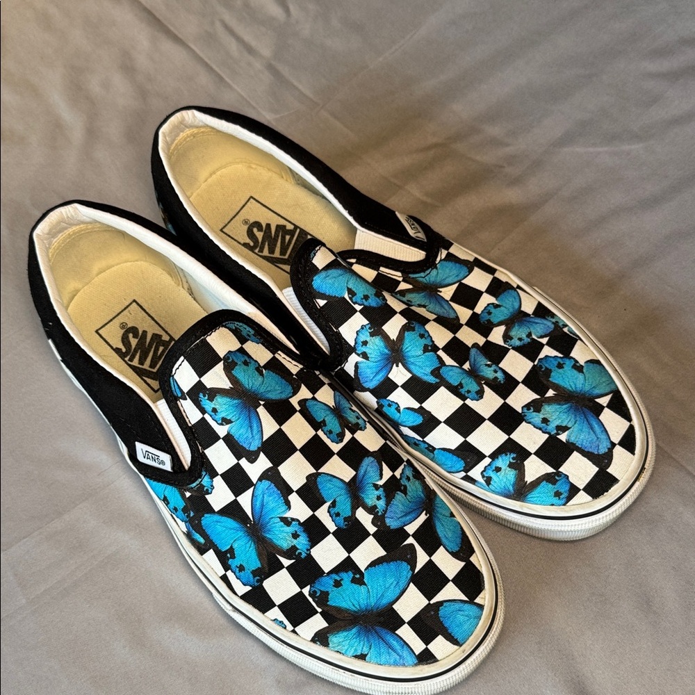 Vans Slip-On Sneakers - Black and Blue Butterfly Checkered